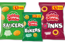 Golden Wonder turns up the flavour with new launches Pack shots of Golden Wonder Saucers Sour Cream & Onion £1 PMP, Golden Wonder Bikers Cheese & Onion 35p PMP and Golden Wonder Oinks £1 PMP.