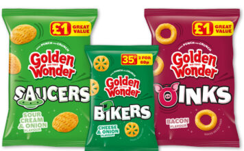 Golden Wonder turns up the flavour with new launches Pack shots of Golden Wonder Saucers Sour Cream & Onion £1 PMP, Golden Wonder Bikers Cheese & Onion 35p PMP and Golden Wonder Oinks £1 PMP.