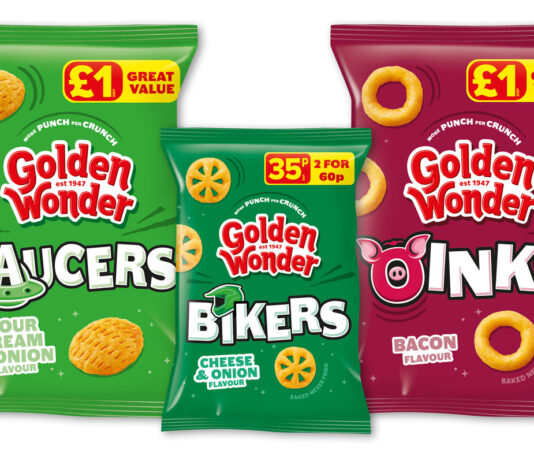 Golden Wonder turns up the flavour with new launches Pack shots of Golden Wonder Saucers Sour Cream & Onion £1 PMP, Golden Wonder Bikers Cheese & Onion 35p PMP and Golden Wonder Oinks £1 PMP.