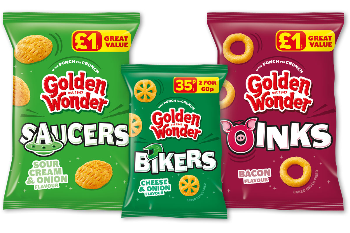 Pack shots of Golden Wonder Saucers Sour Cream & Onion £1 PMP, Golden Wonder Bikers Cheese & Onion 35p PMP and Golden Wonder Oinks £1 PMP.
