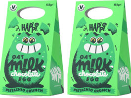 Happi joins Dubai chocolate craze with pistachio Easter egg Pack shots of Happi Oat Milk Chocolate Pistachio Crunch Easter egg.