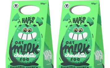 Happi joins Dubai chocolate craze with pistachio Easter egg Pack shots of Happi Oat Milk Chocolate Pistachio Crunch Easter egg.