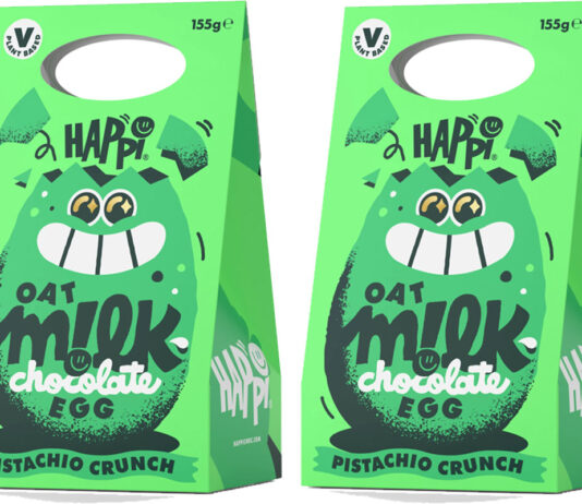 Happi joins Dubai chocolate craze with pistachio Easter egg Pack shots of Happi Oat Milk Chocolate Pistachio Crunch Easter egg.