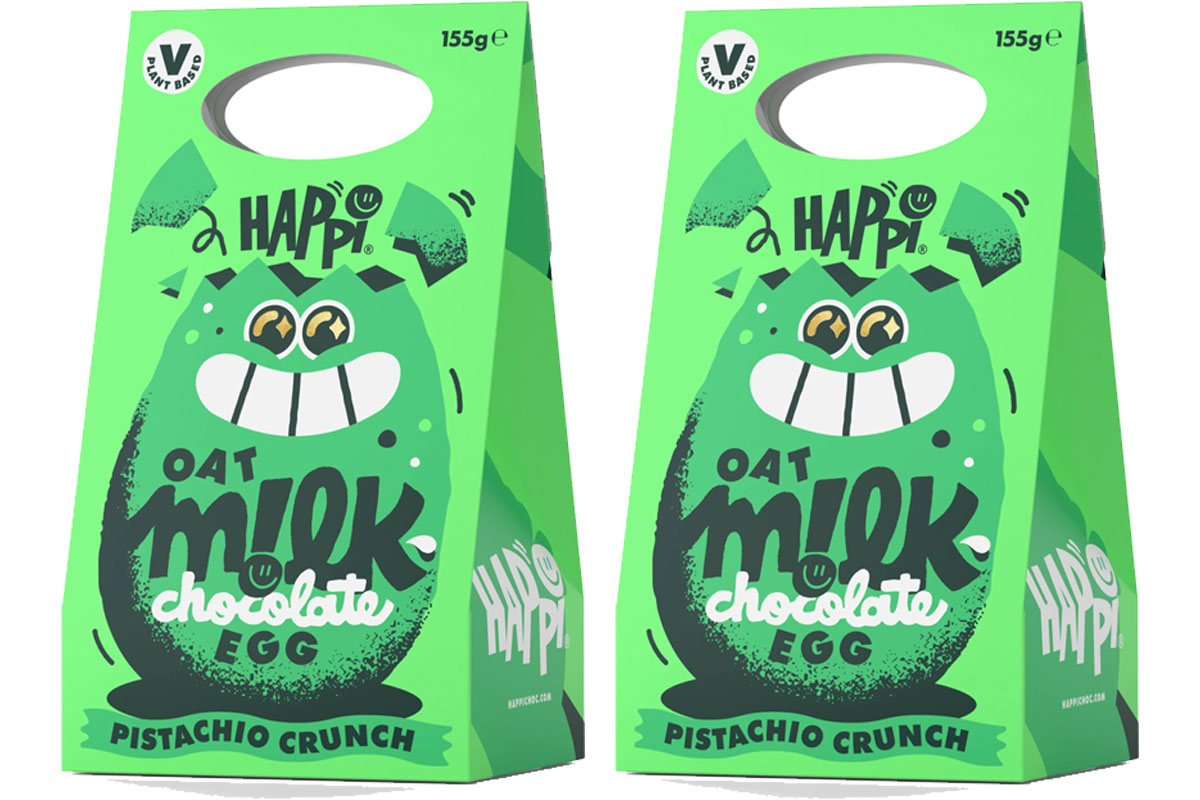 Pack shots of Happi Oat Milk Chocolate Pistachio Crunch Easter egg.