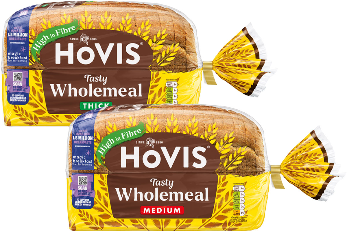 Pack shots of Hovis Tasty Wholemeal Thick and Medium Loaves with an on-pack design for Magic Breakfast.