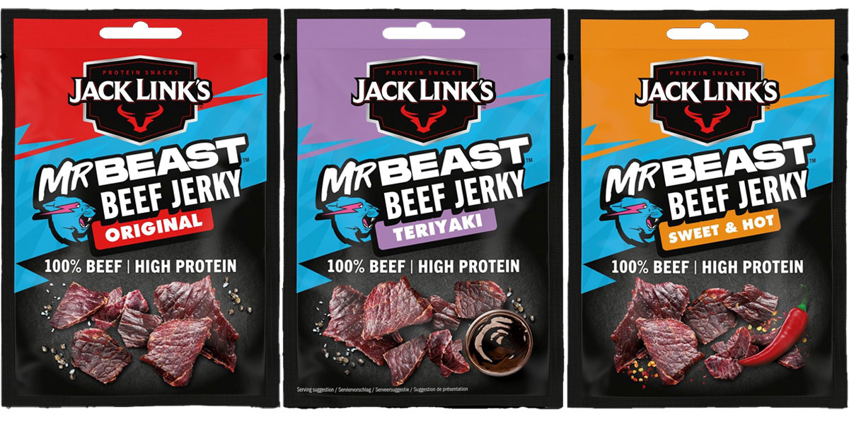 Pack shots of Jack Link's Mr Beast Beef Jerky variants including Original, Teriyaki and Sweet & Hot.