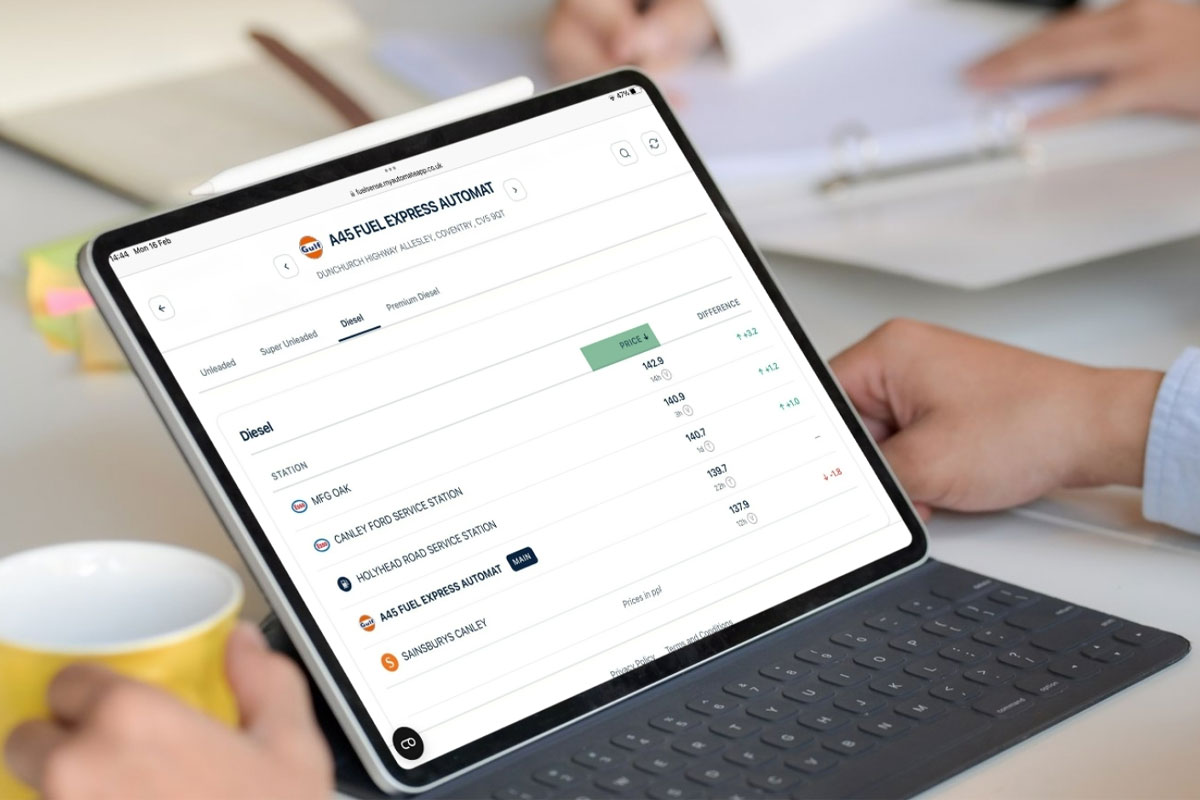 A tablet screen with the myAutomate website on it showing Gulf forecourt prices.