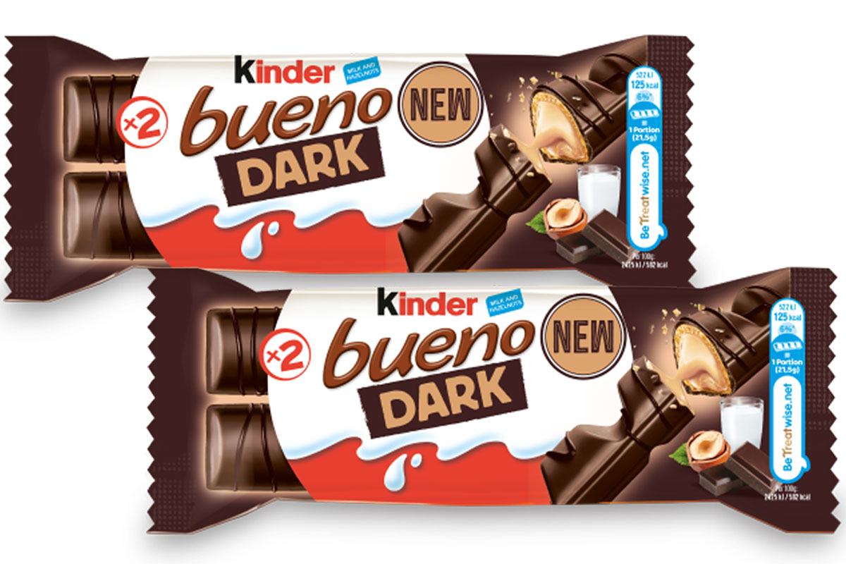 Pack shots of Kinder Bueno Dark bars.