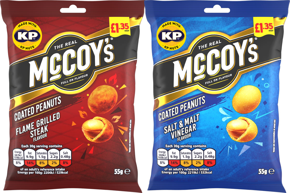 Pack shots of McCoy's Coated Peanuts range with Flame Grilled Steak and Salt & Malted Vinegar variants.