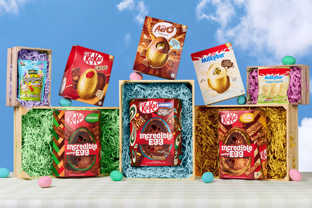 Image featuring the line up for Nestlé's 2026 Easter selection including Rowntree's Randoms Egg-Venture sharing bag, KitKat Crispy Egg, Aero Egg, Milkybar Egg, Milkybar Easter Friends, KitKat Incredible Marbled Egg Hazelnut, KitKat Chunky Funky Incredible Egg and KitKat Incredible Marbled Egg Salted Caramel.