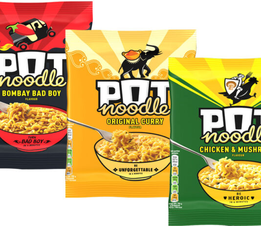 Pot Noodle unveils new Block Noodle pack format Pack shots of Pot Noodle Block Packs including Chicken & Mushroom, Original Curry and Bombay Bad Boy flavours.