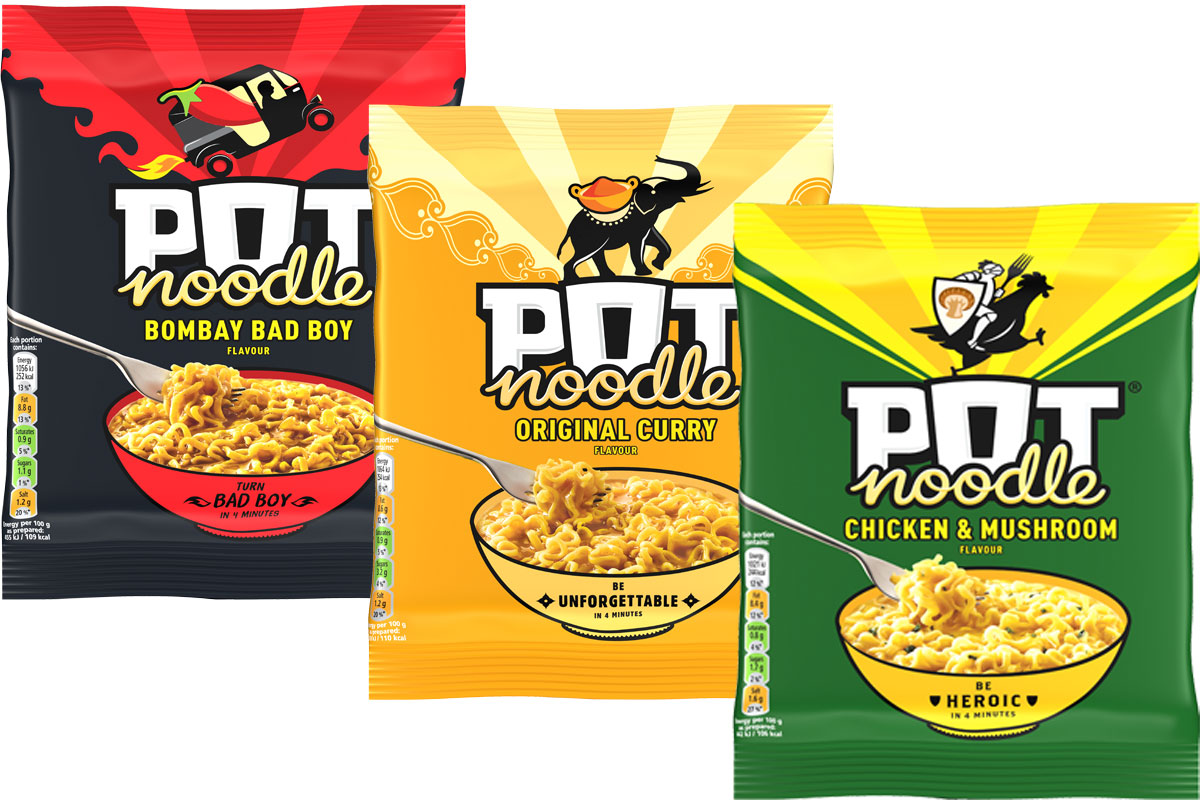 Pack shots of Pot Noodle Block Packs including Chicken & Mushroom, Original Curry and Bombay Bad Boy flavours.