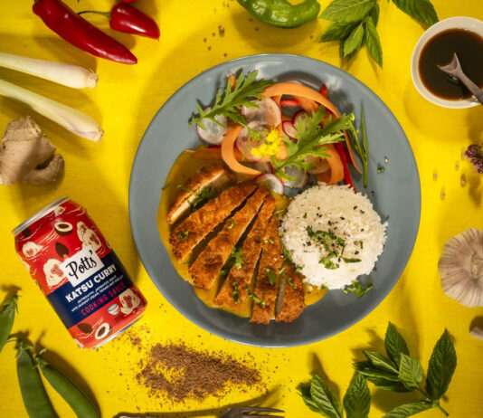 New look brings Potts’ tins to the forefront A plate of Katsu Curry is next to a Potts' can of the curry sauce with ingredients lying around the pair of them.