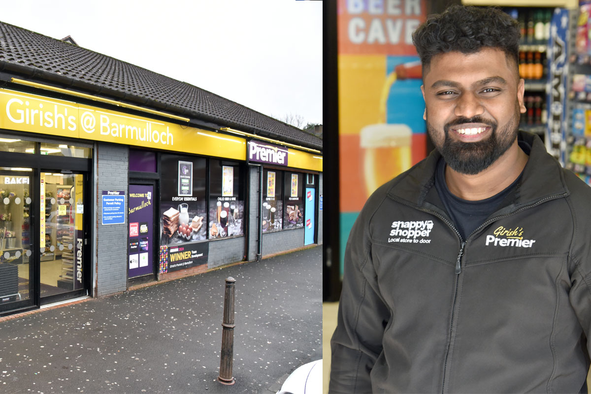 Exterior image of Premier Girish's @ Barmulloch and a photo of Girish Jeeva, owner of the store.