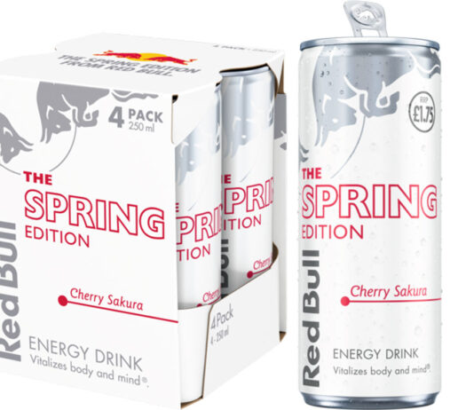 Red Bull unveils Cherry Sakura Spring Edition Pack shots of Red Bull The Spring Edition Cherry Sakura with a four pack format of 250ml cans as well as a 250ml £1.75 PMP can.