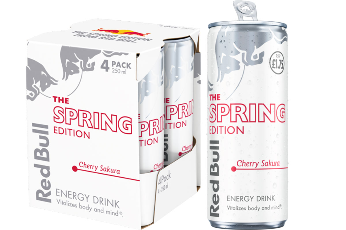 Pack shots of Red Bull The Spring Edition Cherry Sakura with a four pack format of 250ml cans as well as a 250ml £1.75 PMP can.