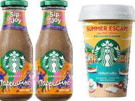 Starbucks unveils new pistachio coffee RTD Pack shots of Starbucks Frappuccino Sip of Joy Caramel Brownie Flavour and Starbucks Summer Escape Limited Edition Pistachio Flavour Chilled Coffee.