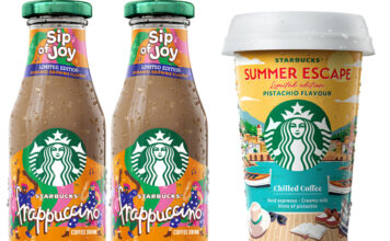 Starbucks unveils new pistachio coffee RTD Pack shots of Starbucks Frappuccino Sip of Joy Caramel Brownie Flavour and Starbucks Summer Escape Limited Edition Pistachio Flavour Chilled Coffee.
