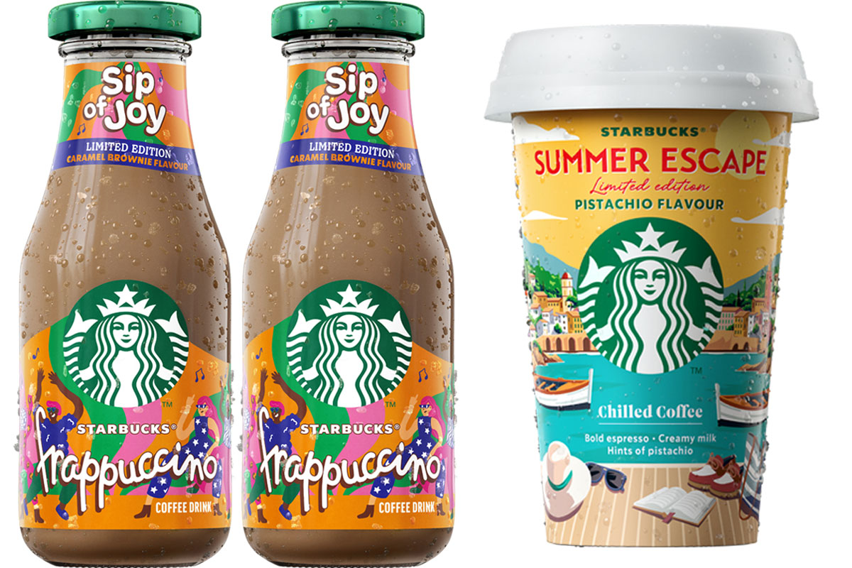 Pack shots of Starbucks Frappuccino Sip of Joy Caramel Brownie Flavour and Starbucks Summer Escape Limited Edition Pistachio Flavour Chilled Coffee.