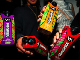 VK Squashka range debuts in Scotmid stores A group of people hold bottles of VK Squashka up to the camera.