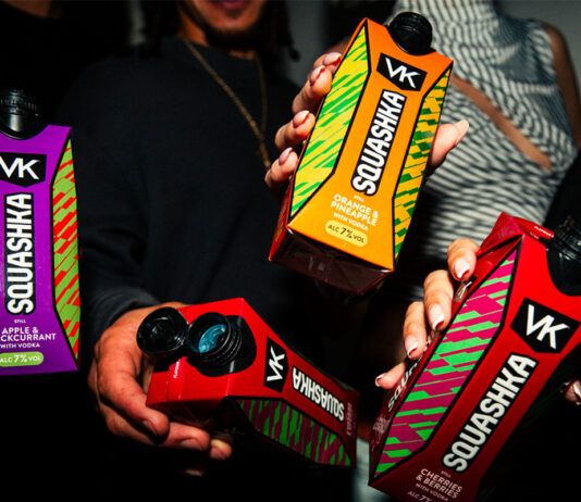 VK Squashka range debuts in Scotmid stores A group of people hold bottles of VK Squashka up to the camera.