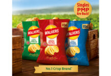 Walkers crisps unveils 85p PMP packs Advert for the return of the Walkers 85p single PMP pack featuring three variants lined up against a crate of potatoes against a crop background design.