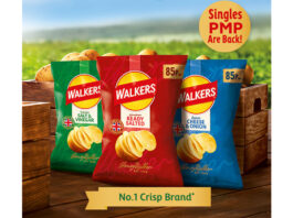 Walkers crisps unveils 85p PMP packs Advert for the return of the Walkers 85p single PMP pack featuring three variants lined up against a crate of potatoes against a crop background design.