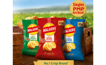 Walkers crisps unveils 85p PMP packs Advert for the return of the Walkers 85p single PMP pack featuring three variants lined up against a crate of potatoes against a crop background design.