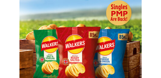 Walkers crisps unveils 85p PMP packs Advert for the return of the Walkers 85p single PMP pack featuring three variants lined up against a crate of potatoes against a crop background design.