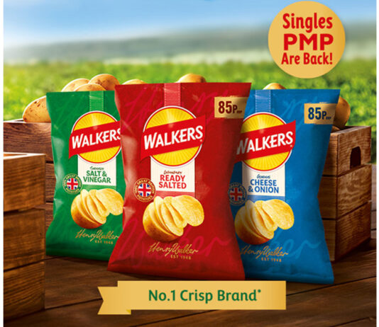 Walkers crisps unveils 85p PMP packs Advert for the return of the Walkers 85p single PMP pack featuring three variants lined up against a crate of potatoes against a crop background design.