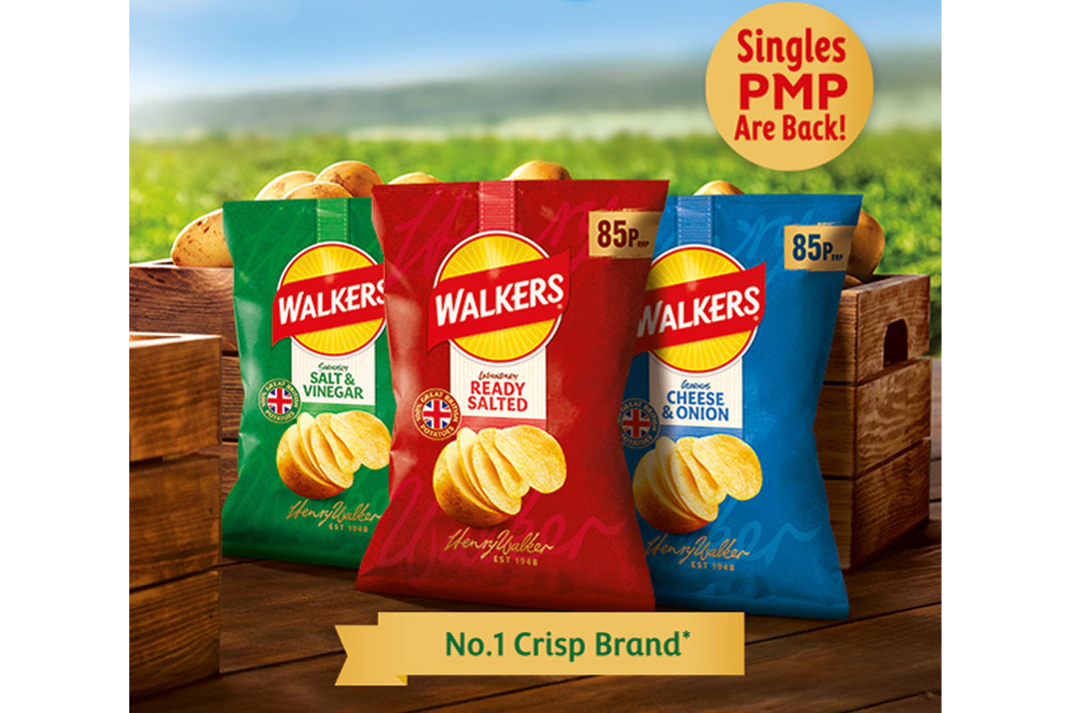 Advert for the return of the Walkers 85p single PMP pack featuring three variants lined up against a crate of potatoes against a crop background design.