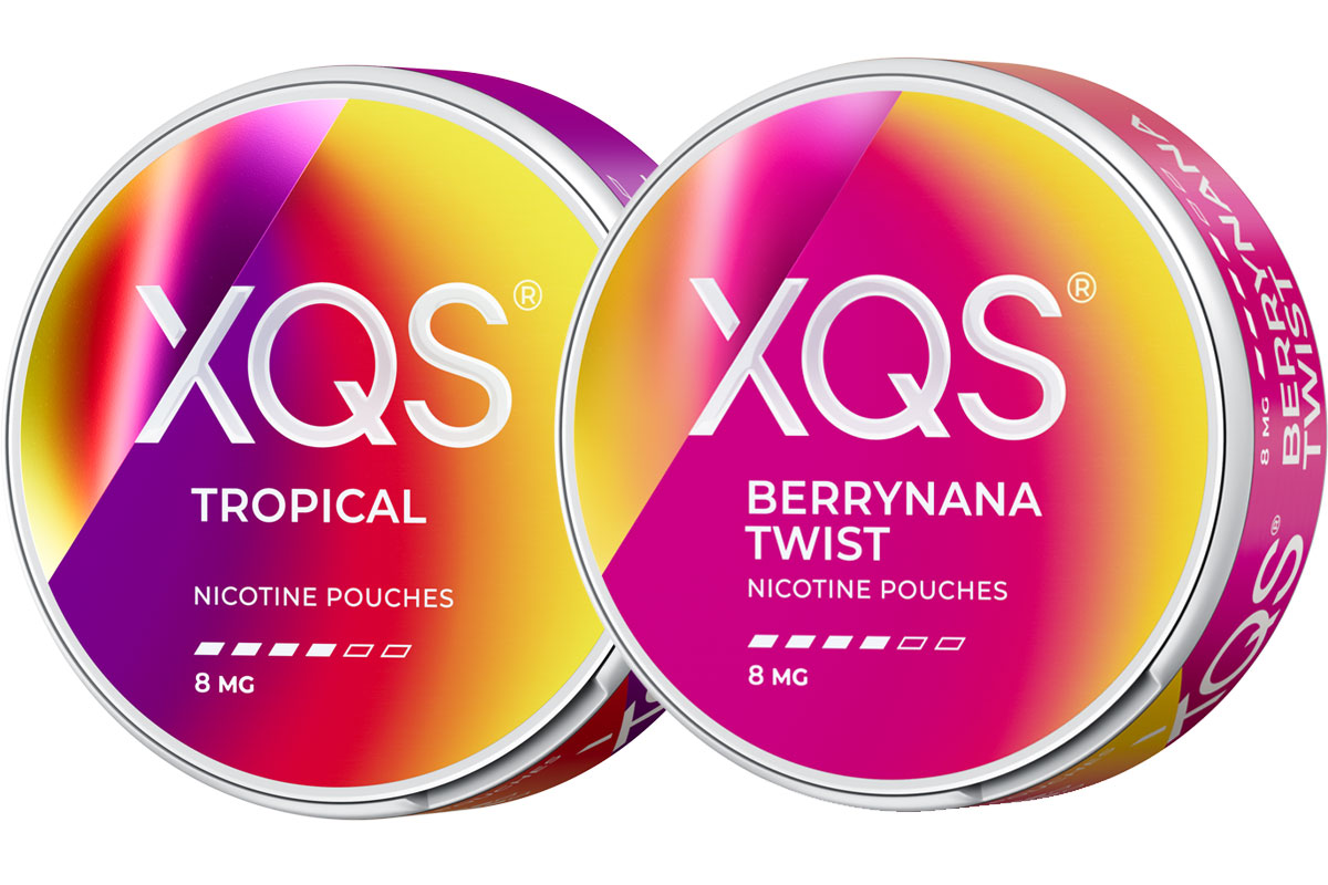 Pack shots of 2026 rebrand for XQS Tropical and Berrynana Twist.