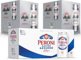 Asahi launches 440ml can multipacks Pack shots of Asahi 440ml four-packs and Peroni 440ml 10-pack.