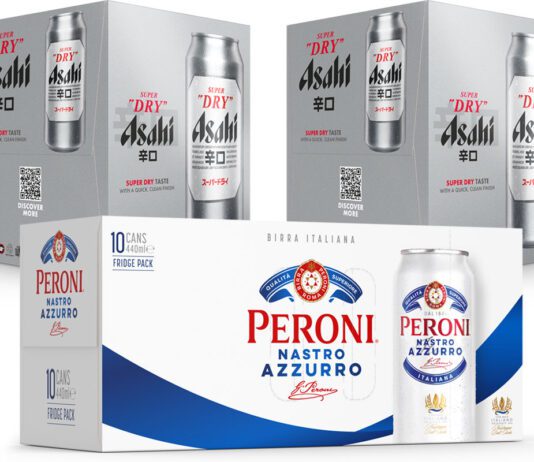 Asahi launches 440ml can multipacks Pack shots of Asahi 440ml four-packs and Peroni 440ml 10-pack.