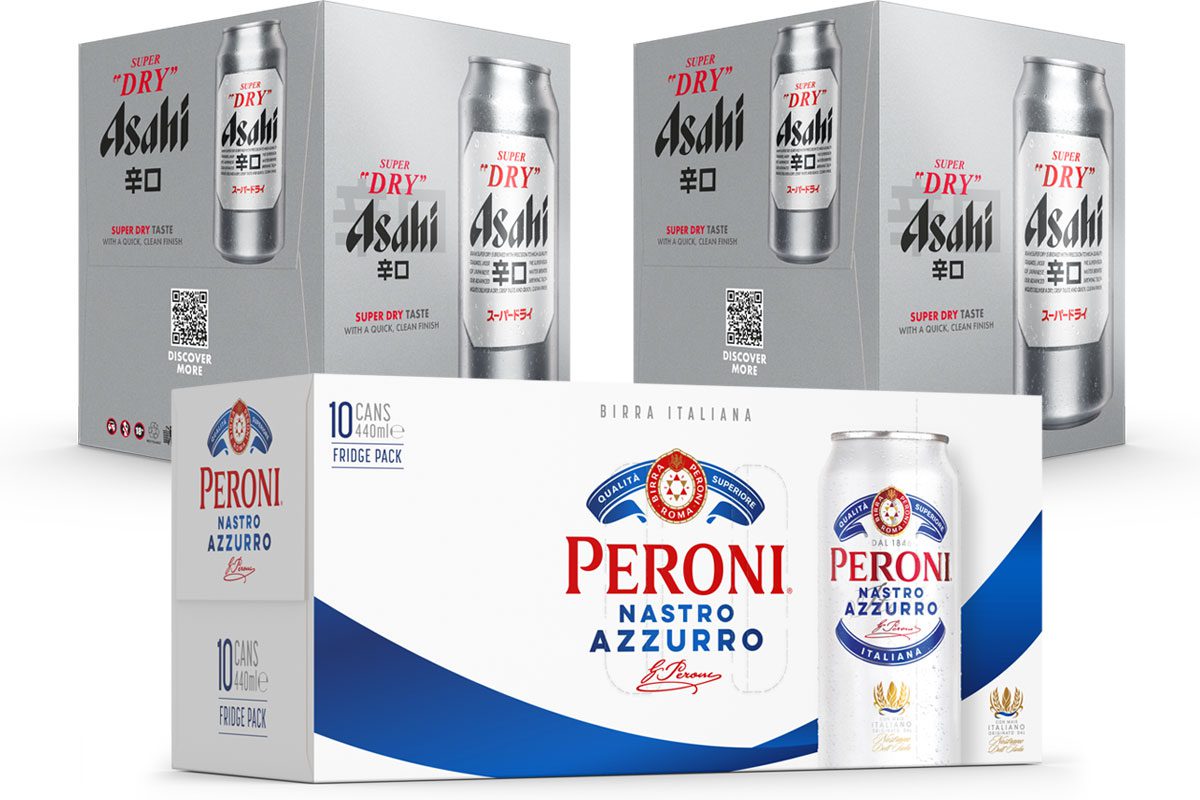 Pack shots of Asahi 440ml four-packs and Peroni 440ml 10-pack.