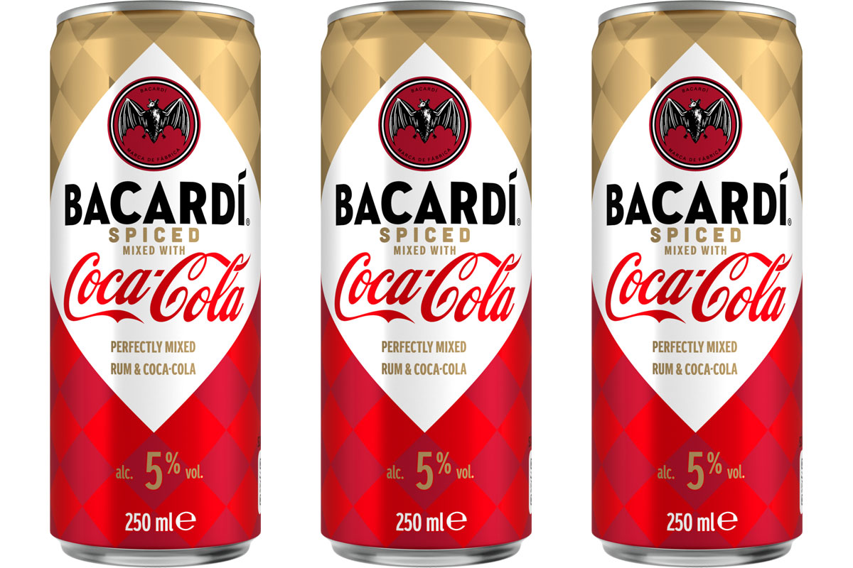 Pack shots of Bacardí Spiced & Coca-Cola cans.