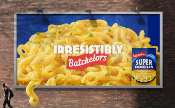 Batchelors unveils rebrand across its entire portfolio A billboard of the Batchelors rebrand featuring its Super Noodles brand.