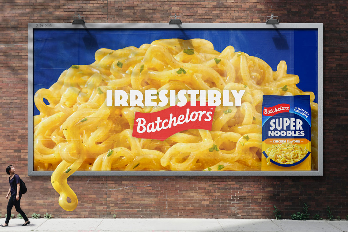 A billboard of the Batchelors rebrand featuring its Super Noodles brand.