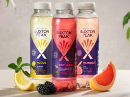 Nestlé unveils new Buxton functional water range Bottles of Inspired by Buxton Focus, Recharge and Immuno stand together with pieces of fruit around the three.