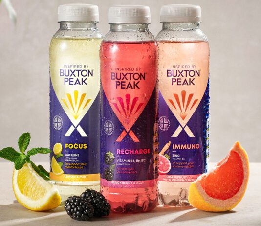 Nestlé unveils new Buxton functional water range Bottles of Inspired by Buxton Focus, Recharge and Immuno stand together with pieces of fruit around the three.