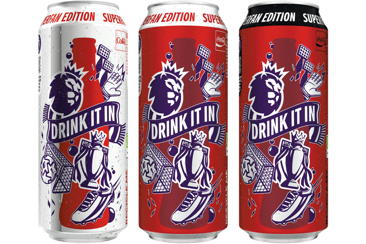 Pack shots of Coca-Cola Original Taste, Coca-Cola Zero Sugar and Diet Coke 500ml 'Supercans' with Premier League promotions across the design.