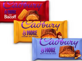 Cadbury &More debuts new Biscoff flavour and rebrand Pack shots of Cadbury &More 2026 rebrand including Cadbury &More Biscoff, &More Caramel Nut Crunch and &More Nutty Praline Crisp.
