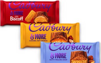 Cadbury &More debuts new Biscoff flavour and rebrand Pack shots of Cadbury &More 2026 rebrand including Cadbury &More Biscoff, &More Caramel Nut Crunch and &More Nutty Praline Crisp.