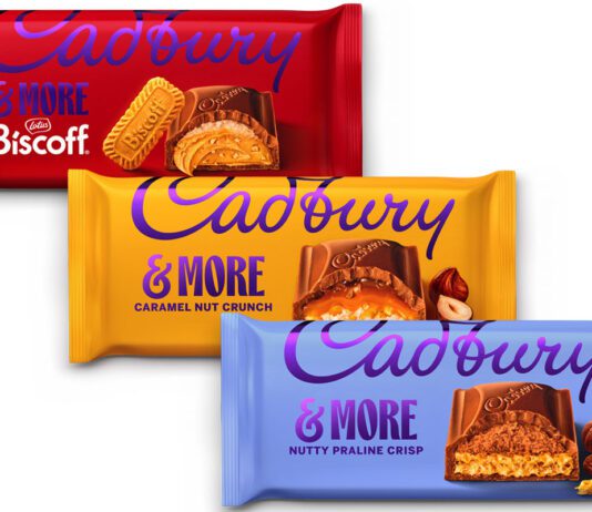 Cadbury &More debuts new Biscoff flavour and rebrand Pack shots of Cadbury &More 2026 rebrand including Cadbury &More Biscoff, &More Caramel Nut Crunch and &More Nutty Praline Crisp.
