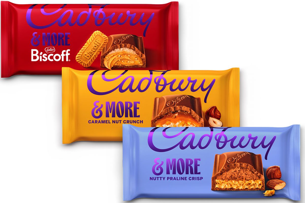 Pack shots of Cadbury &More 2026 rebrand including Cadbury &More Biscoff, &More Caramel Nut Crunch and &More Nutty Praline Crisp.