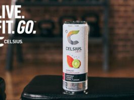 Celsius unveils new health-focused campaign A can of Celsius Energy Sparkling Guava sits on a table with the motto 'Live.Fit.Go' in the top left hand corner.