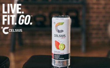 Celsius unveils new health-focused campaign A can of Celsius Energy Sparkling Guava sits on a table with the motto 'Live.Fit.Go' in the top left hand corner.