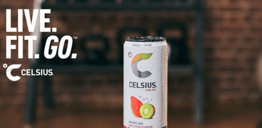 Celsius unveils new health-focused campaign A can of Celsius Energy Sparkling Guava sits on a table with the motto 'Live.Fit.Go' in the top left hand corner.