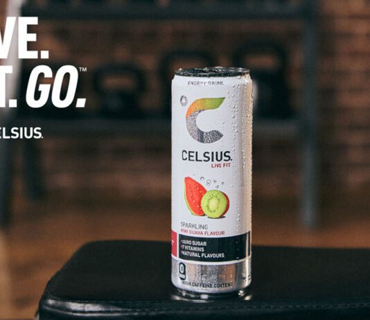 Celsius unveils new health-focused campaign A can of Celsius Energy Sparkling Guava sits on a table with the motto 'Live.Fit.Go' in the top left hand corner.