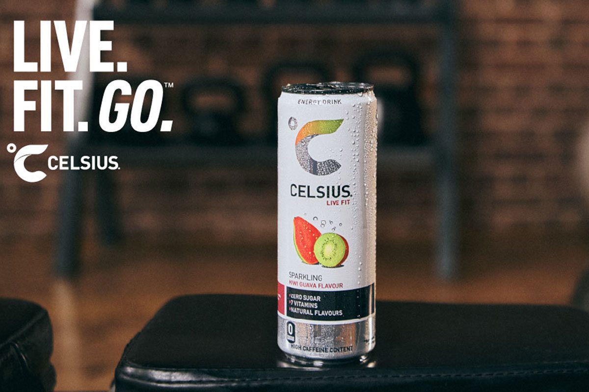 A can of Celsius Energy Sparkling Guava sits on a table with the motto 'Live.Fit.Go' in the top left hand corner.